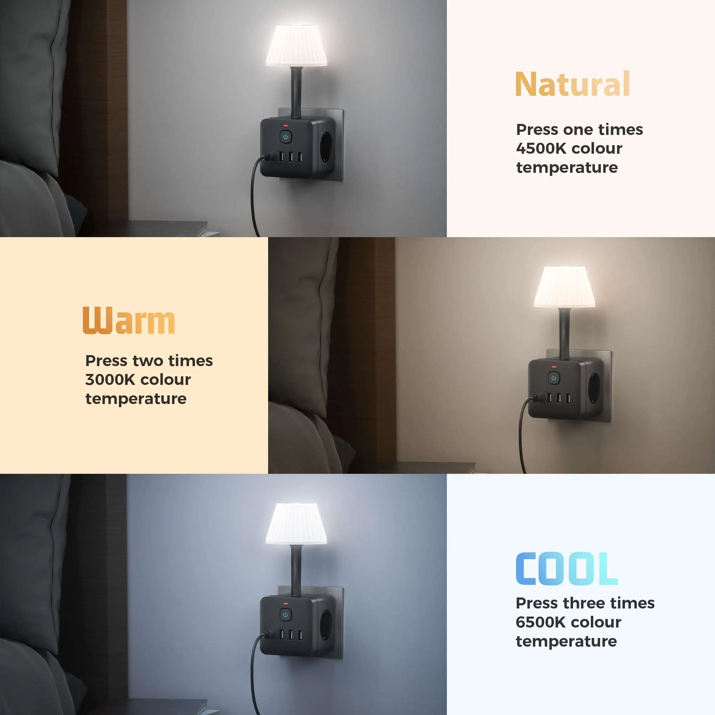 7-in-1 Euro power outlet with light, surge protector for power outlet