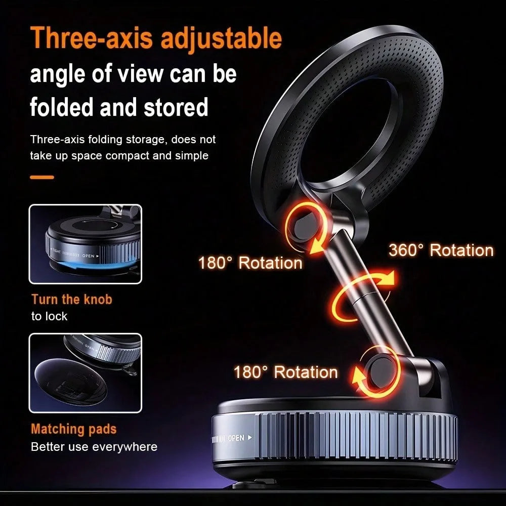 Upgraded Aluminum Alloy Vacuum Magnetic Car Phone Holder with 360° Rotation & Foldable Design Strong Magnetic Absorption