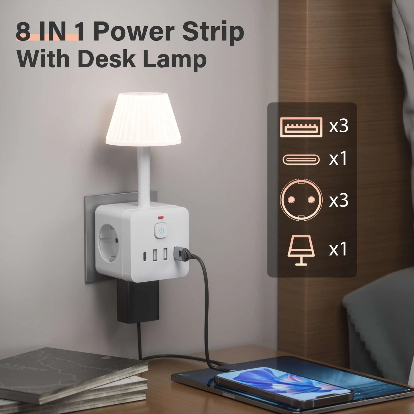 7-in-1 Euro power outlet with light, surge protector for power outlet