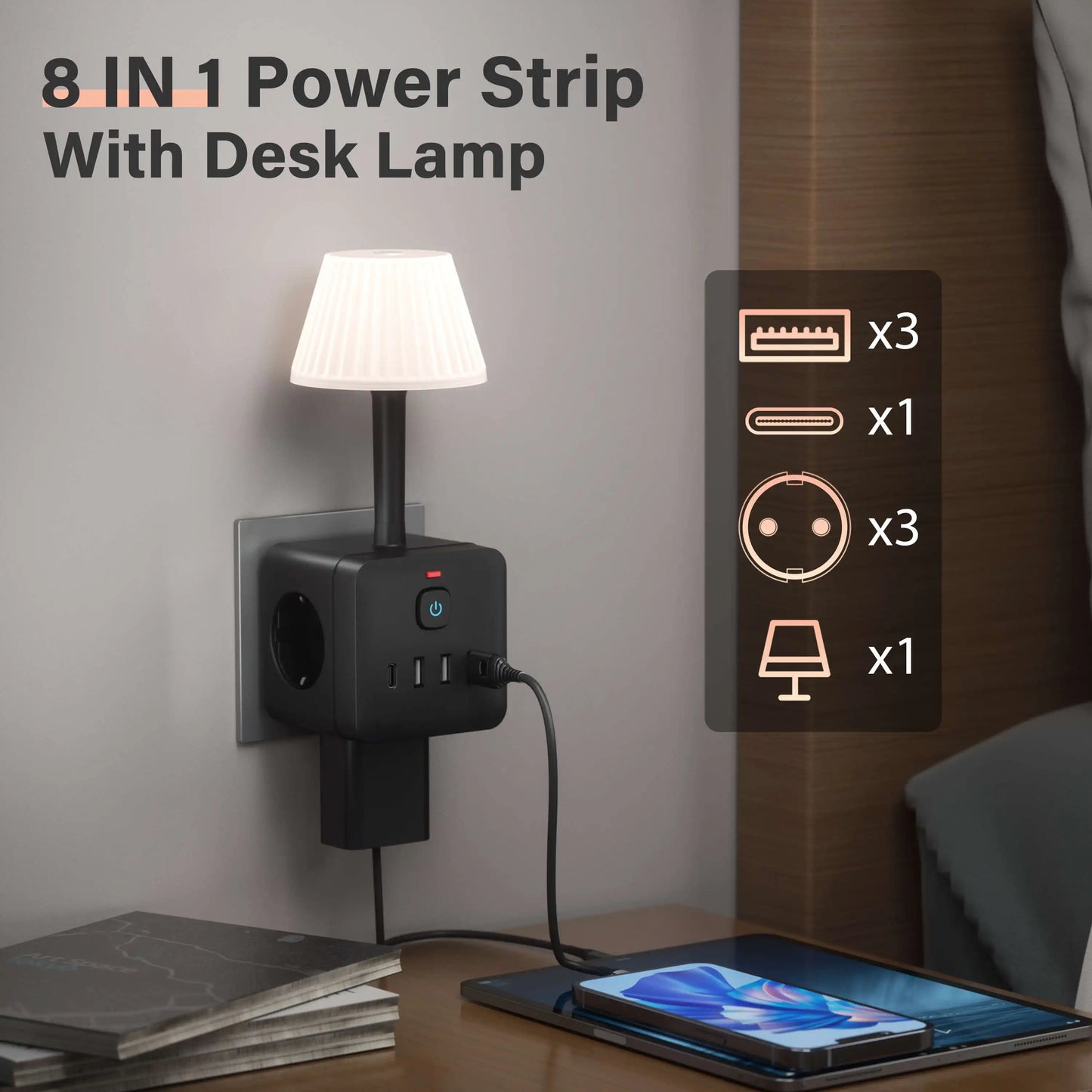 7-in-1 Euro power outlet with light, surge protector for power outlet