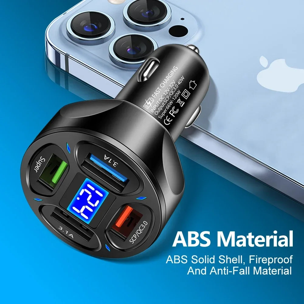 66-250W Car Charger Quick Charge Cigarette Lighter Adapter 2-6 Port USB-C Fast Charging Phone Charger for iPhone Xiaomi Samsung