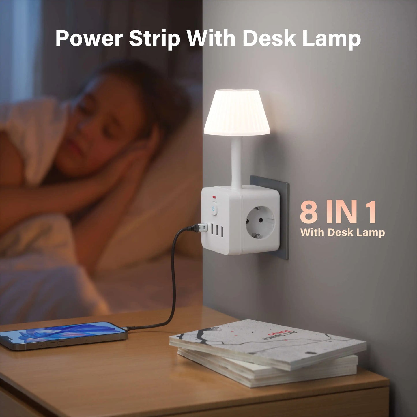 7-in-1 Euro power outlet with light, surge protector for power outlet