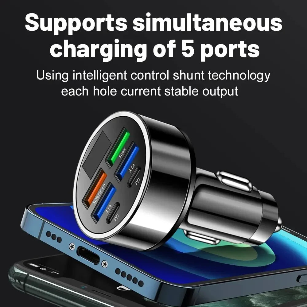 66-250W Car Charger Quick Charge Cigarette Lighter Adapter 2-6 Port USB-C Fast Charging Phone Charger for iPhone Xiaomi Samsung