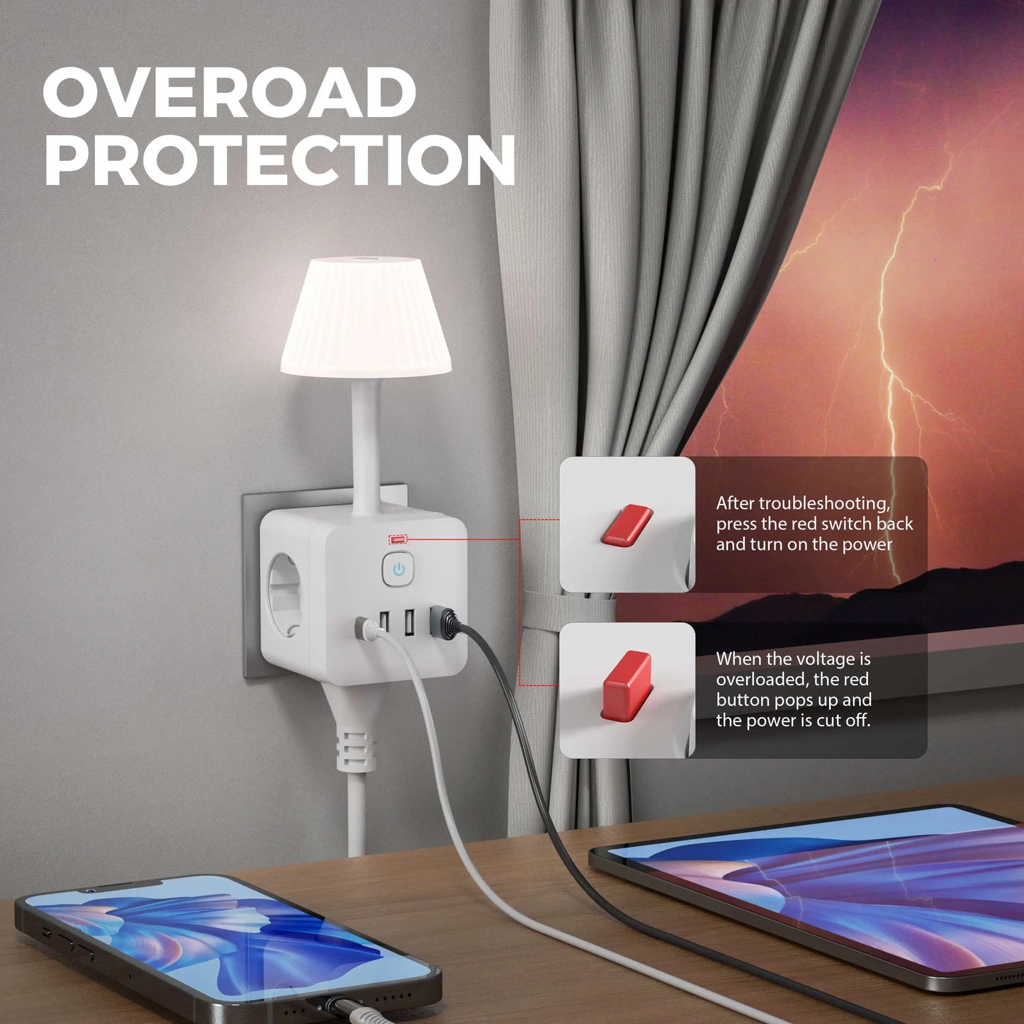 7-in-1 Euro power outlet with light, surge protector for power outlet