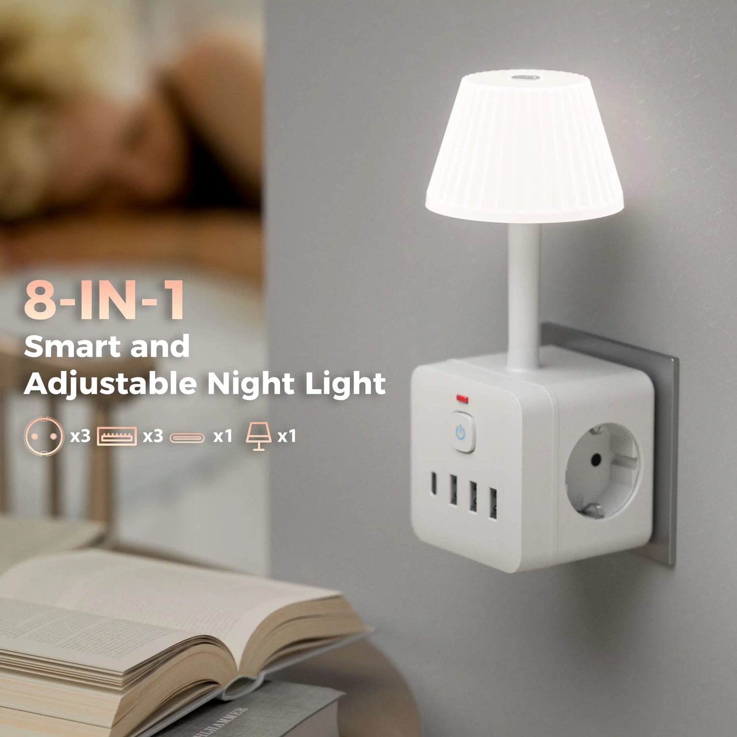 7-in-1 Euro power outlet with light, surge protector for power outlet