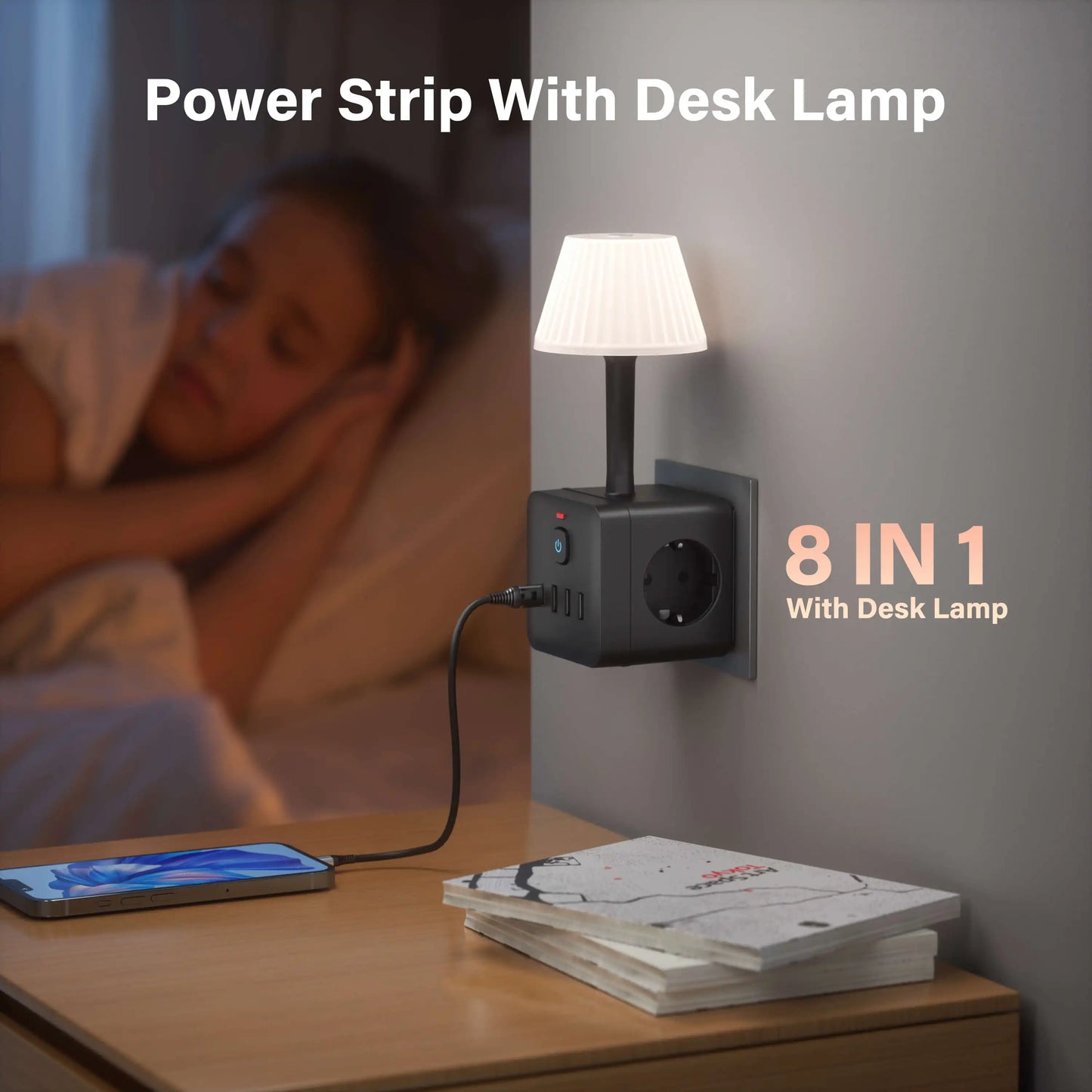 7-in-1 Euro power outlet with light, surge protector for power outlet