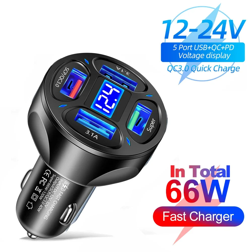 66-250W Car Charger Quick Charge Cigarette Lighter Adapter 2-6 Port USB-C Fast Charging Phone Charger for iPhone Xiaomi Samsung