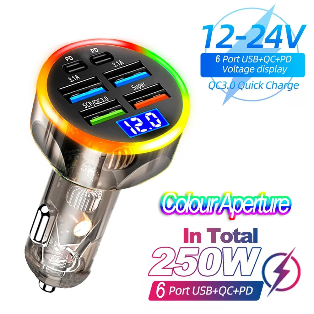 66-250W Car Charger Quick Charge Cigarette Lighter Adapter 2-6 Port USB-C Fast Charging Phone Charger for iPhone Xiaomi Samsung