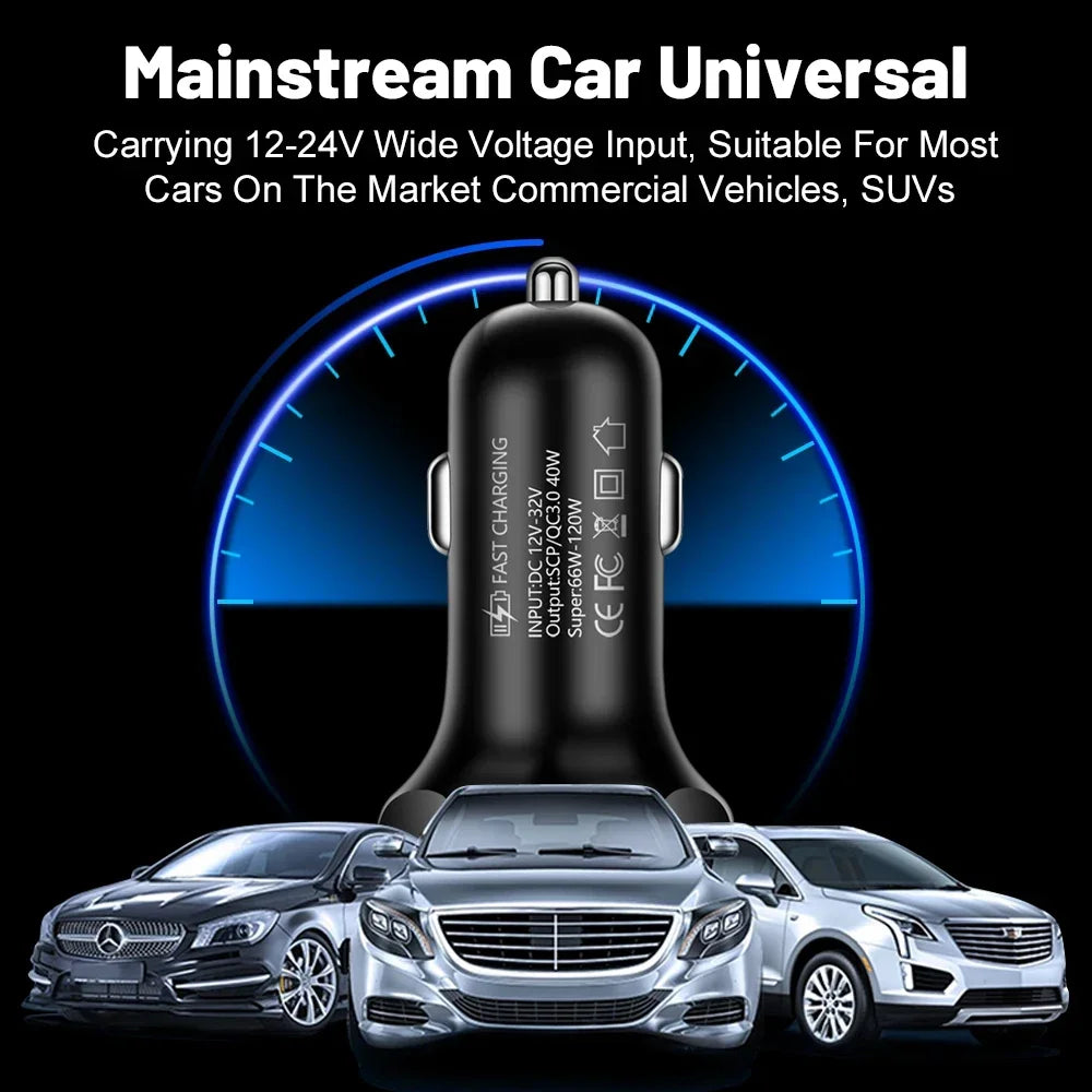 66-250W Car Charger Quick Charge Cigarette Lighter Adapter 2-6 Port USB-C Fast Charging Phone Charger for iPhone Xiaomi Samsung
