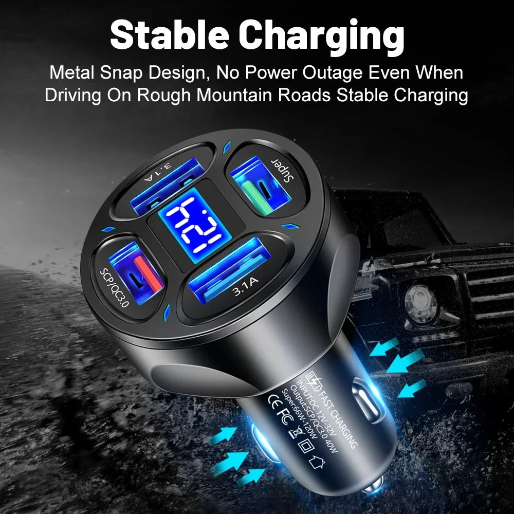 66-250W Car Charger Quick Charge Cigarette Lighter Adapter 2-6 Port USB-C Fast Charging Phone Charger for iPhone Xiaomi Samsung
