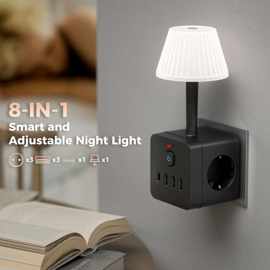 7-in-1 Euro power outlet with light, surge protector for power outlet