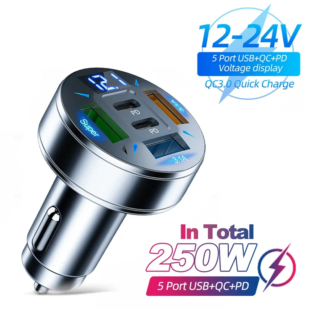 66-250W Car Charger Quick Charge Cigarette Lighter Adapter 2-6 Port USB-C Fast Charging Phone Charger for iPhone Xiaomi Samsung