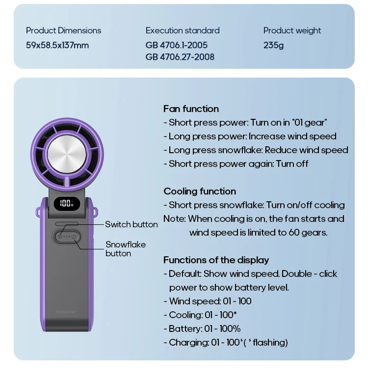 Outdoor Foldable Portable Handheld Fan Mini Cooling Rechargeable 3600mAh 100-level Free Control High Speed Turbo Fan