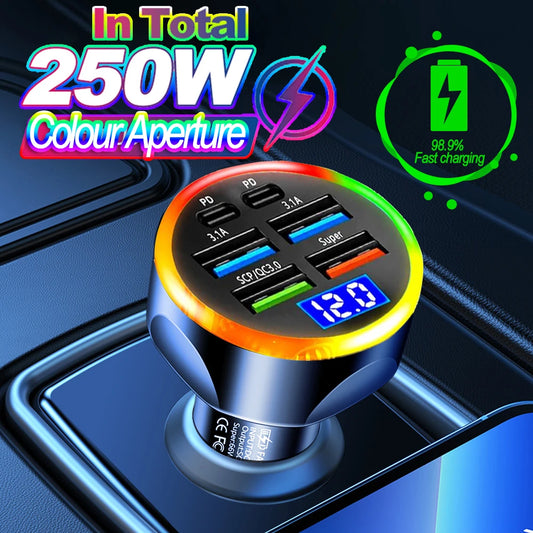 66-250W Car Charger Quick Charge Cigarette Lighter Adapter 2-6 Port USB-C Fast Charging Phone Charger for iPhone Xiaomi Samsung